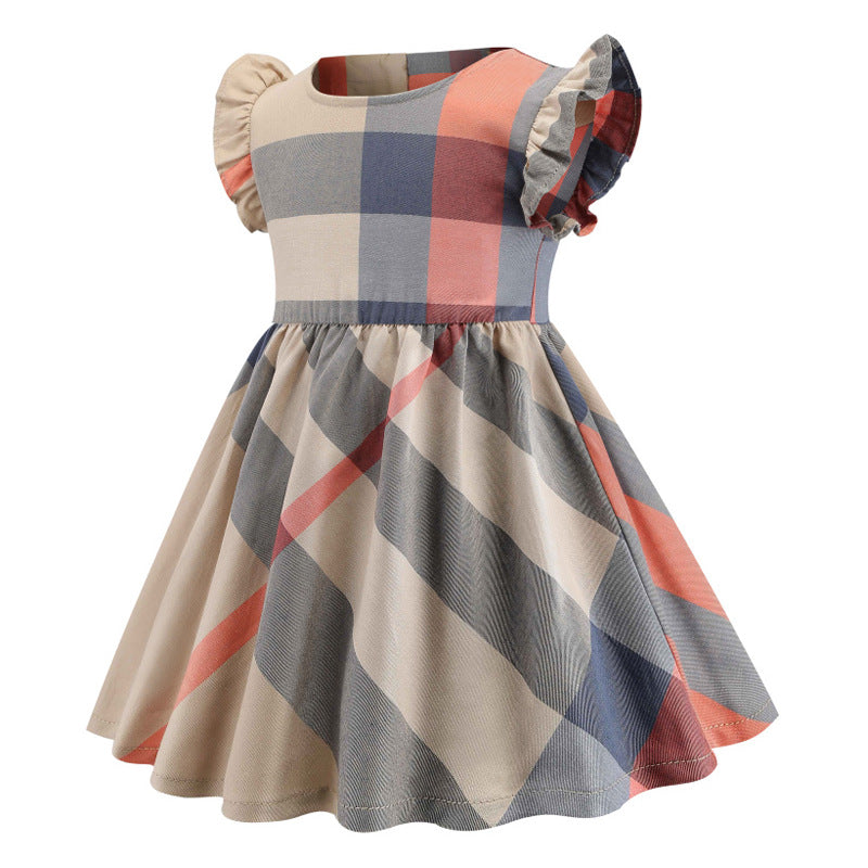 Orange check pleated dress for girls with round neck and flutter sleeves