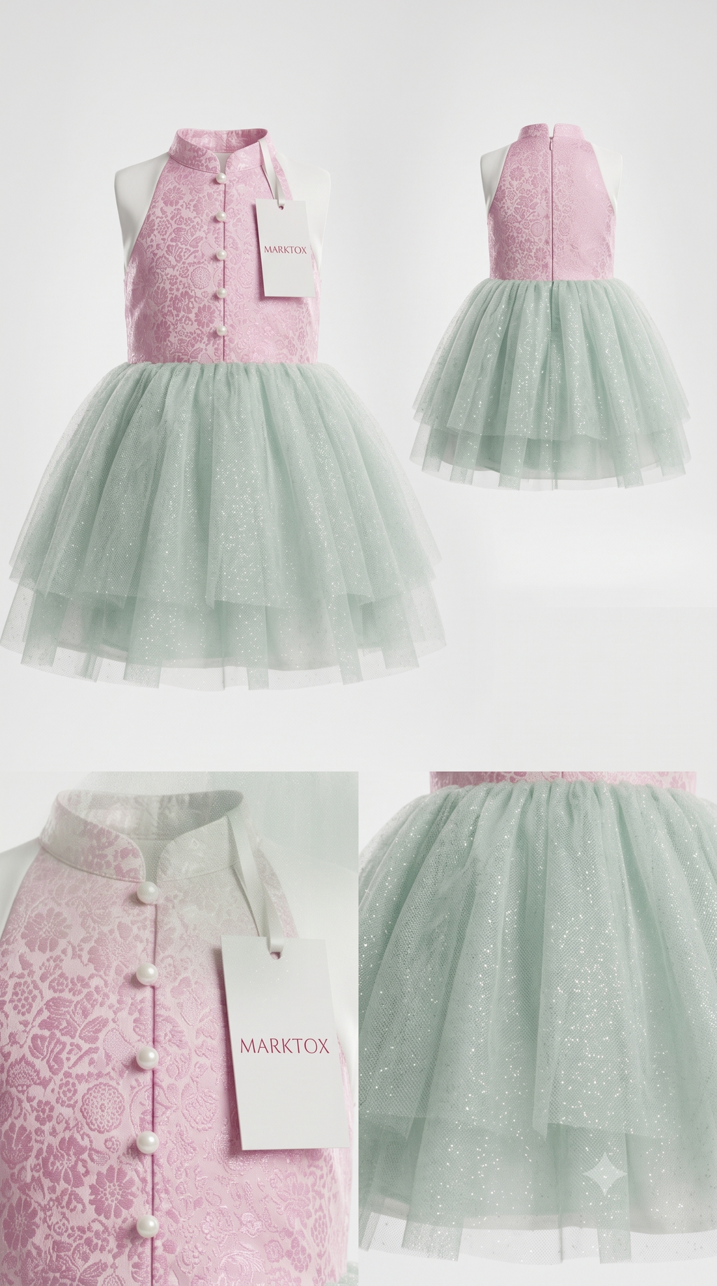 Detail of the faux-pearl buttons and layered glitter tulle on the Marktox girls' princess dress