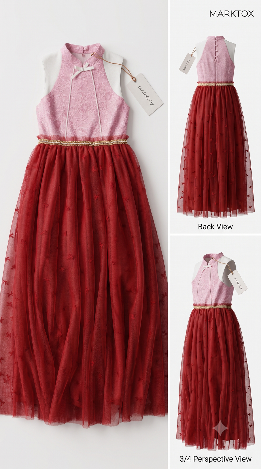 Detail of the halter neckline and lace overlay on the Marktox girls' red maxi dress