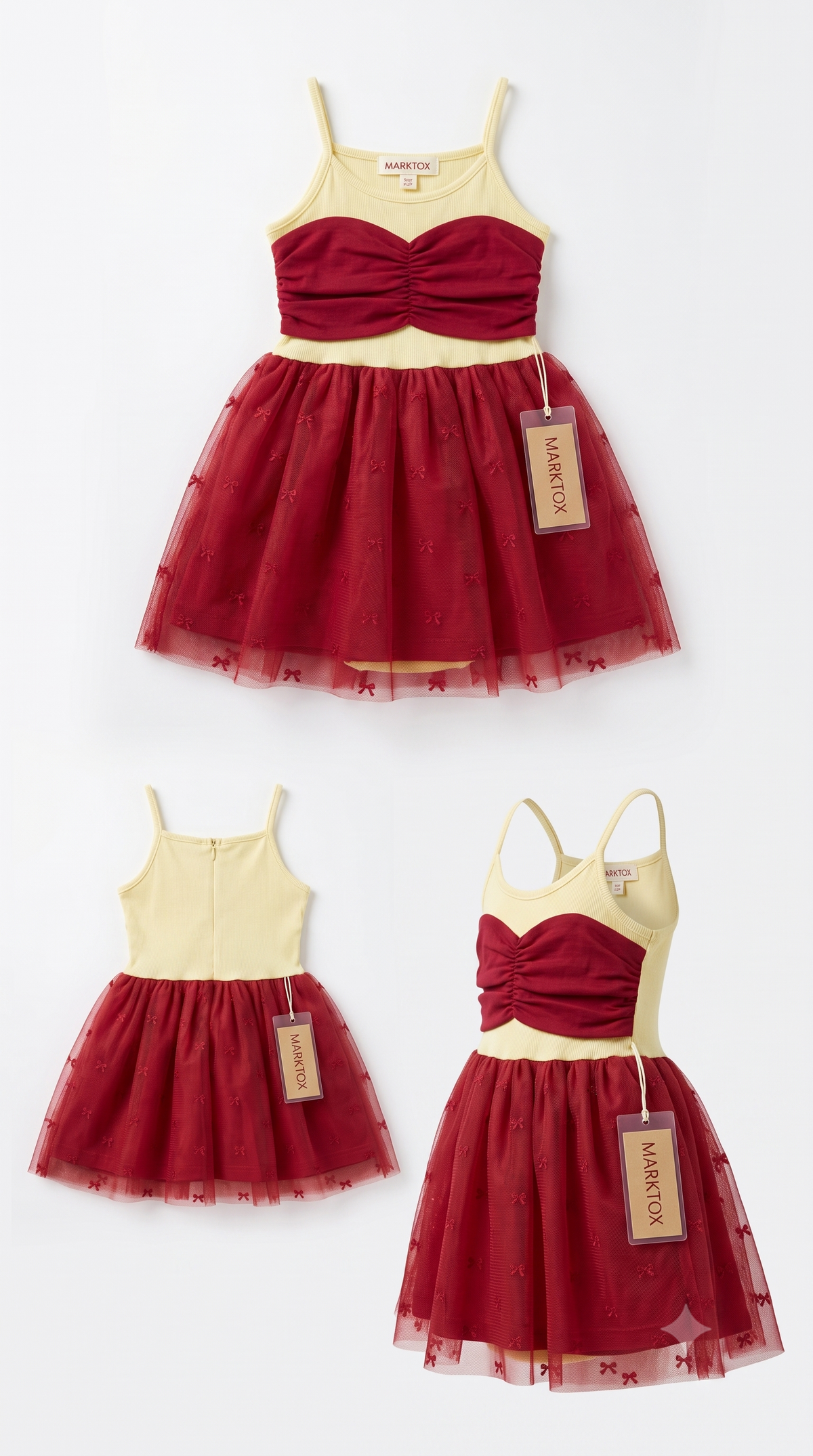 Detail of the waist bow and ribbed bodice on the Marktox girls' red tulle dress