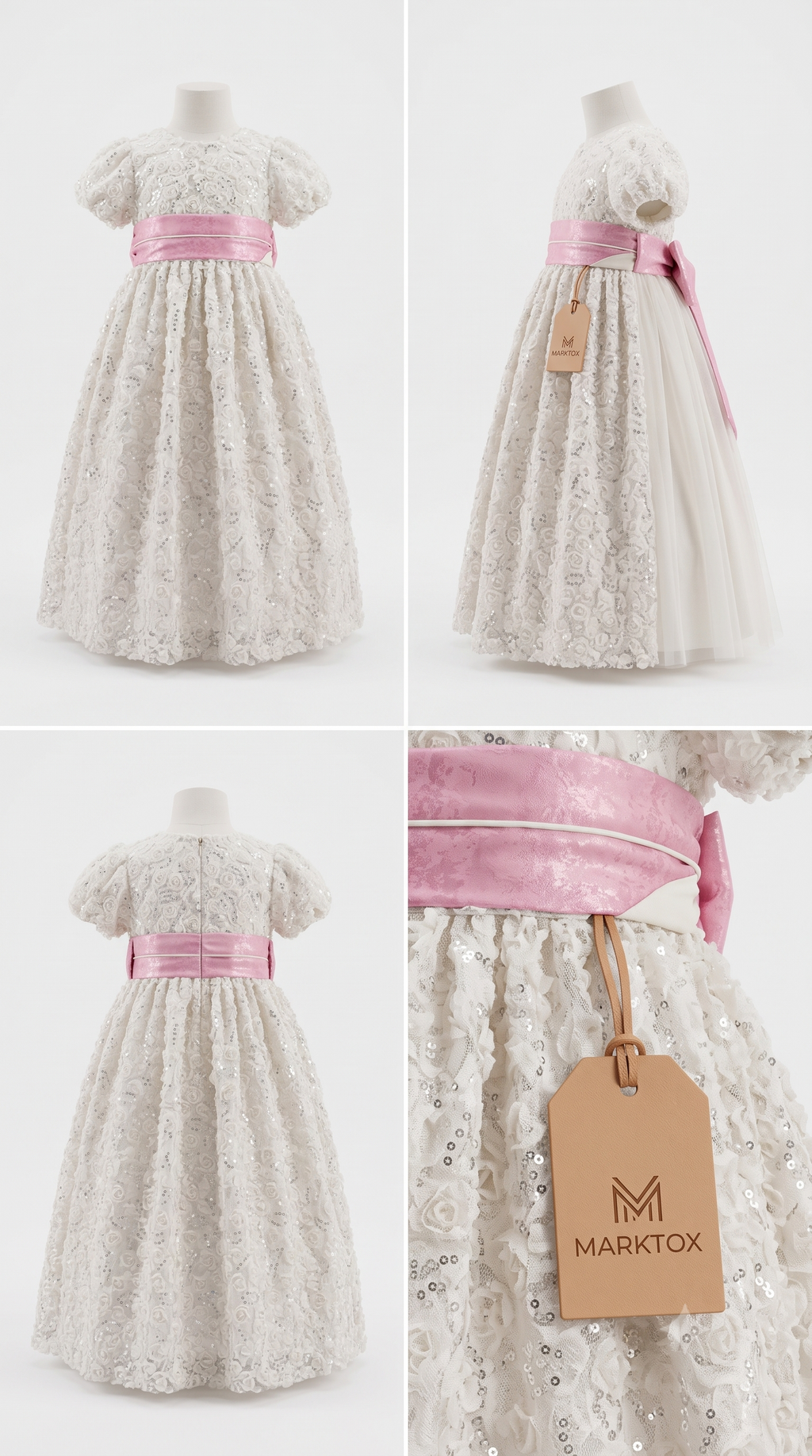 Detail of the rosette trim and tulle skirt on the Marktox girls' white princess dress