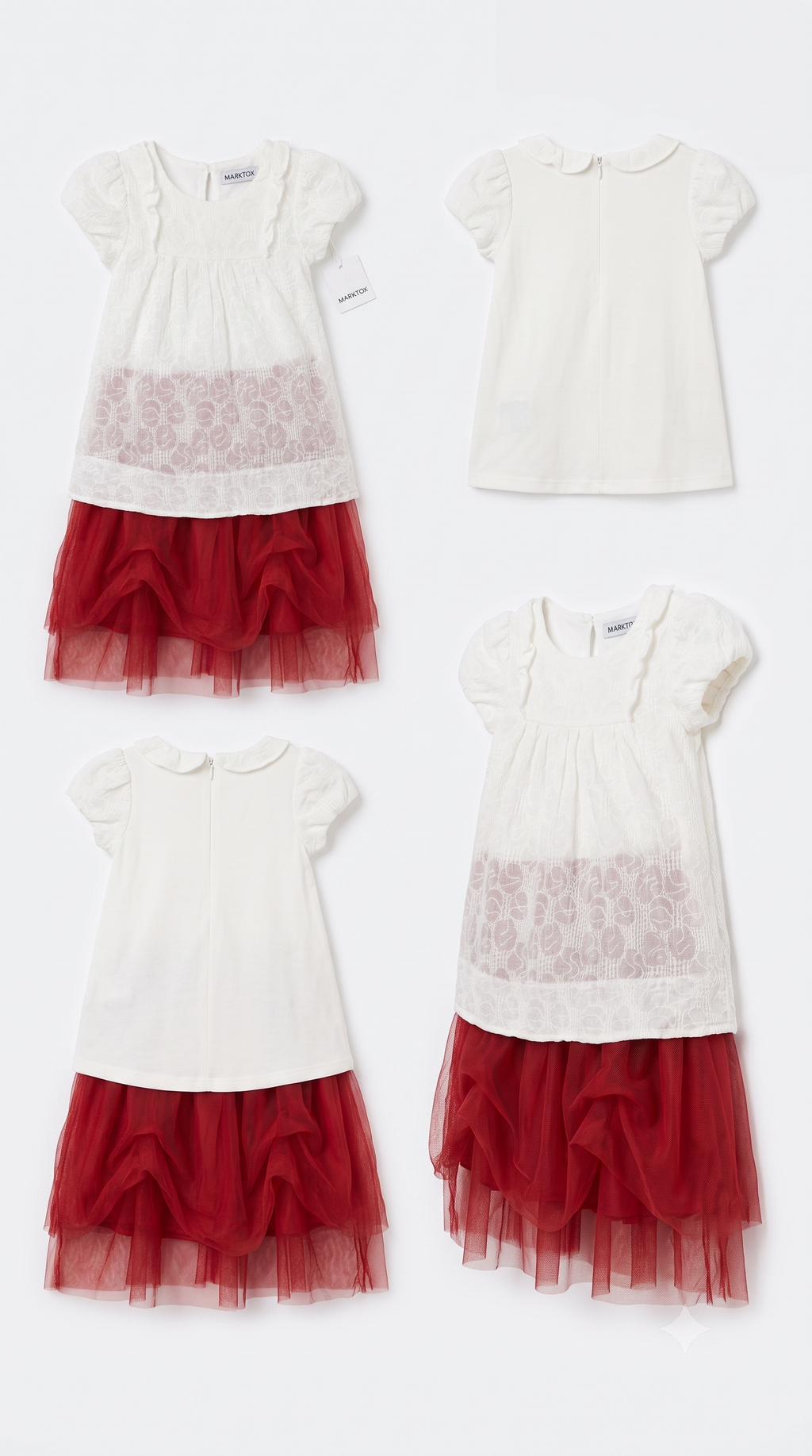 Detail of the eyelet lace bodice on the Marktox girls' red dress