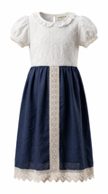 Marktox girls' navy vintage embroidered dress in lace and linen-look fabric, sizes 2T to 6T