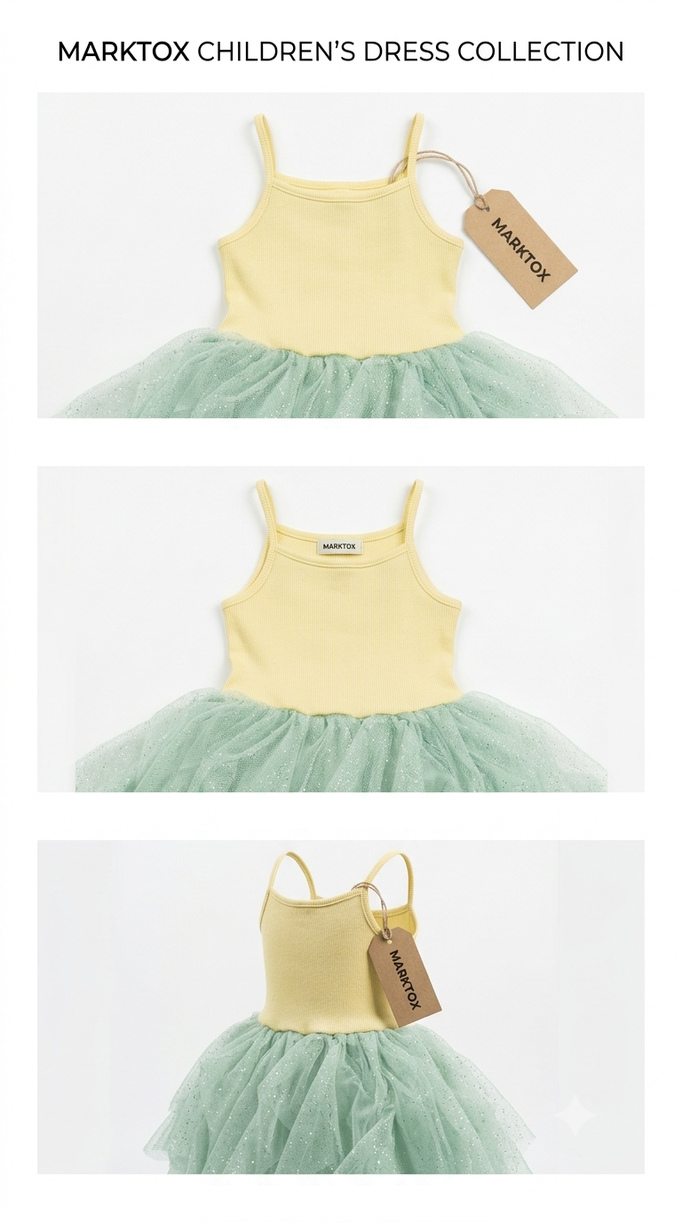 Detail of the ribbed bodice and glitter tulle skirt on the Marktox girls' pastel dress